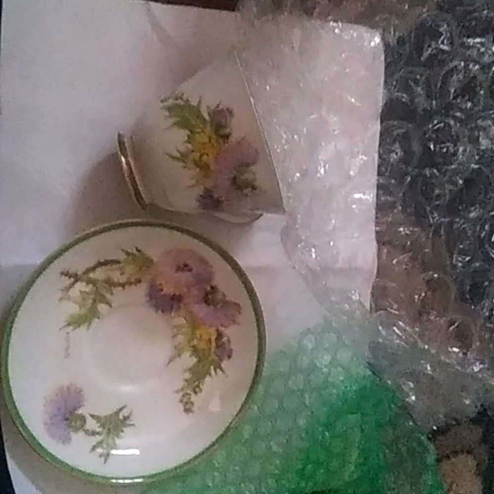 Royal doulton tea cup saucer  glamis thistle home of queen elizabeth.  Signed .